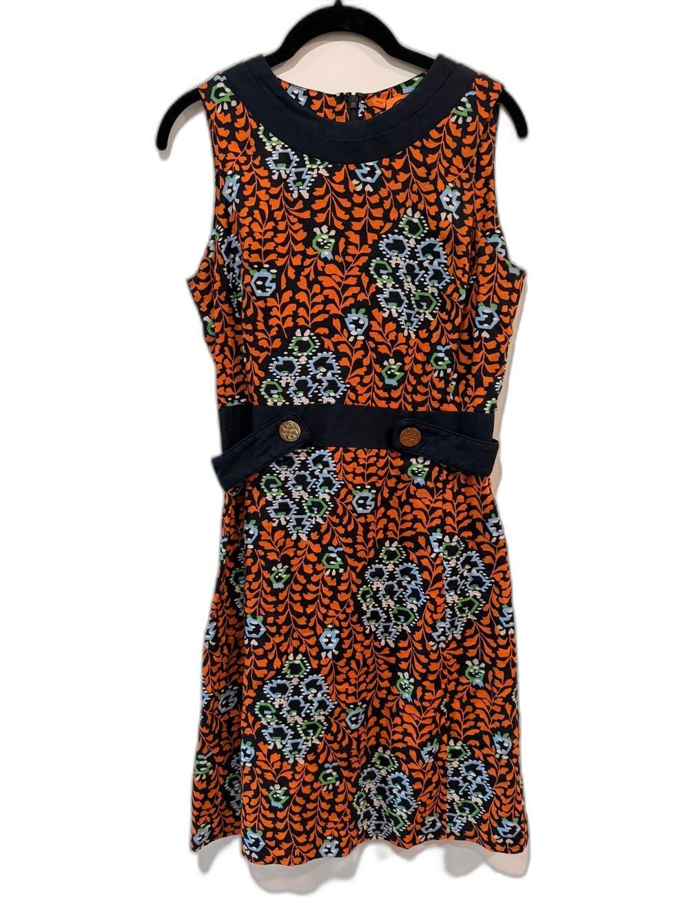 Tory Burch Melanie 100% Linen Sleeveless Shift Dress Orange Navy Blue Size 6